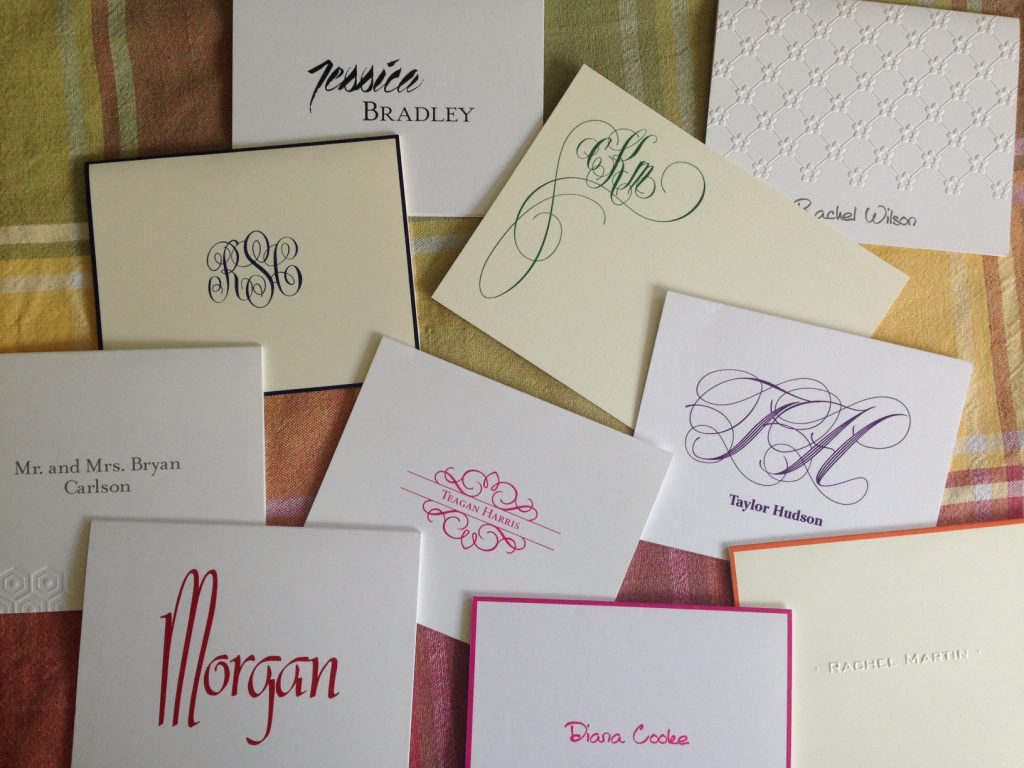 A variety of personalized notecards from Embossed Graphics representing popular trends